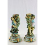 Pair of Majolica Lamp bases of a boy & girl