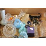 Collection of 21 items of Glassware including Lead Crystal, Blue Glass, Paperweights, Vases, Royal