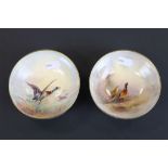 Two Royal Worcester pin dishes, both with painted images, one depicting flying ducks the other