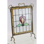Art Nouveau Brass Framed Fire Screen with Leaded Coloured Glass Panel