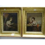 Pair of Oil on Canvas Paintings depicting Classical Maidens, one with chicks in basket and the other