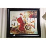 Music Interest - Modern school abstract oil painting of string and wind instruments signed Miller