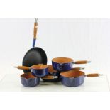 Set of Five Le Creuset Dark Blue Graduating Saucepans together with a matching Frying Pan with box