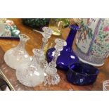 Blue Glass Decanter (no stopper) and a Blue Glass Liner together with Pair of Glass Candlesticks and