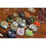Thirteen Glass Paperweights including John Deacons Teapot shaped Paperweight together with a J F