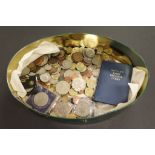 Tin of mixed World & UK coins to include a Victorian Crown and other Silver coins