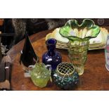 Five Items of Glass including Large Teardrop Shaped Ornament, Twin Handled Yellow Vase, Blue Glass