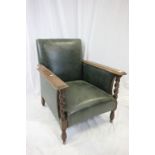 Early 20th century Oak Framed Armchair with Green Leather Back and Seat