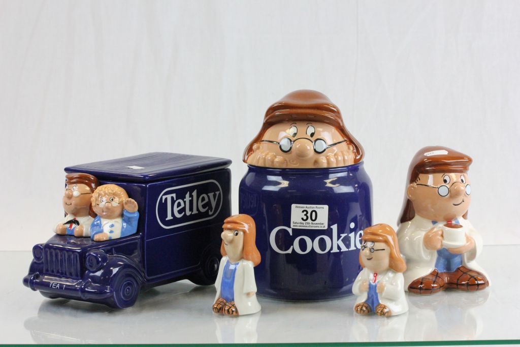 Collection of five Tetley Wade figures to include; Cookie Jar, Money Box, Salt & Pepper, van