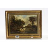 Early 19th Century framed Oil on board of a Rural Landscape with cottage and cattle