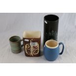 An Auimore studio pottery vase, a studio pottery vase impressed LP and two pottery mugs