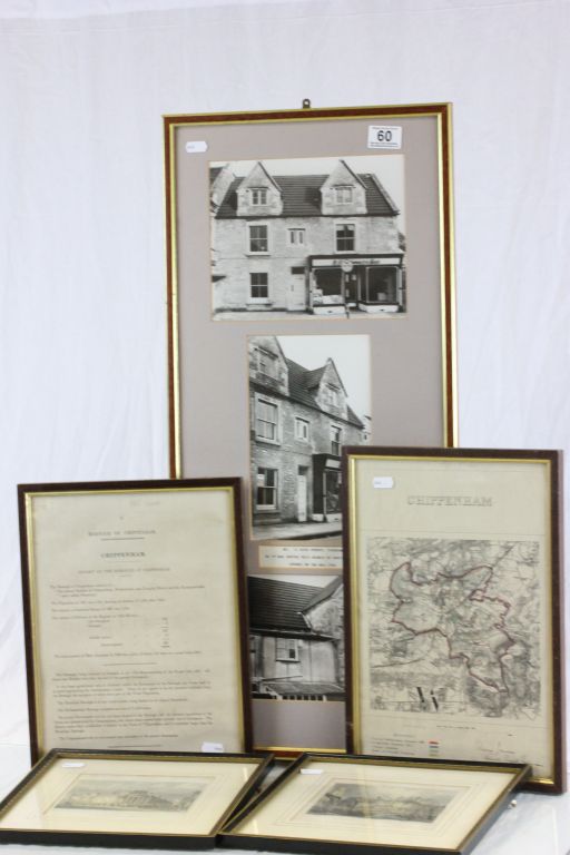 Framed & glazed prints and photographs to include a 19th Century map of Chippenham and Corsham