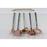 Set of Five Copper & Steel Hanging Kitchen Utensils with Brass Hanging Rail