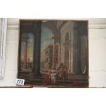 Dutch Scene Oil on Canvas depicting Four Figures and a Dog by Classical Buildings, label to verso