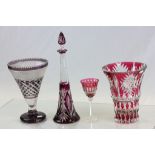 Large Bohemian Purple Cut Glass Vase and Tall Decanter together with a Large Red Cut Glass Vase