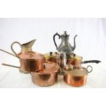 Box of metalware to include Copper & Brass Saucepans etc
