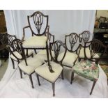 Set of Eight Hepplewhite Style Mahogany Inlaid Dining Chairs with pierced shield backs (one back a/