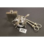 Silver plated Hip Flask, Mustard pot & Grape Scissors