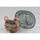 Large Oriental ceramic teapot in the form of Ducks, a silver plated toast rack and a blue & white