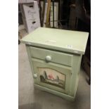 French Green Painted Bedside Cabinet with Church Scene painted to door