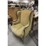 Large French Style Walnut Framed Wingback Armchair with Studded Gold Coloured Upholstery