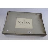 Collection of Linens, Laces and Table Runners contained in a Vintage French Natan Cardboard Box