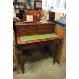 Victorian Style Mahogany Ladies Writing Desk, the over structure with bank of four drawers, green