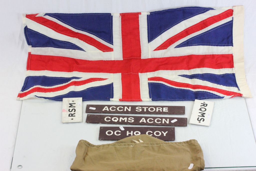 Five WW2 RAF door plaques, a WW2 Union Jack and a Military type hat or helmet cover