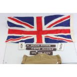 Five WW2 RAF door plaques, a WW2 Union Jack and a Military type hat or helmet cover