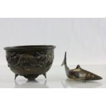 Oriental bronze bowl with Dragon decoration and a brass model of a Shark