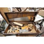 Wooden Tool chest with a selection of vintage hand Tools including Marples