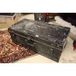 Early 20th century Black Tin Trunk with various names and P & O Stickers, etc