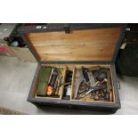 Large wooden Tool chest of vintage hand tools