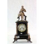 Slate mantle clock with gilt metal hunting figure to the top