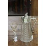 Victorian Cut Glass Claret Jug with Silver Plated Lid and Lion Finial together with Art Nouveau