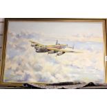 Framed Oil on canvas of a Lancaster bomber, signed by the Artist with info to reverse and dated