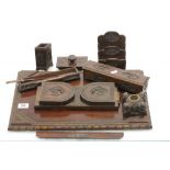 Chinese wooden desk set to include; Book slide, pen tray, blotter, inkwell, ruler etc