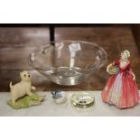 A Whitefriars clear glass fruit bowl, a Royal Doulton figure of Janet (HN1537), a Royal Copenhagen