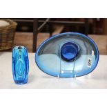Mid-century blue art glass bowl and a Roice glassworks 'Lens' vase number 914 designed by Rudolph