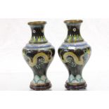 Pair of Cloisonne vases with Dragon design on wooden bases
