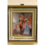 A studio framed oil painting of a nude female in her bedchamber