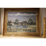 Large 1970's framed Oil on canvas of a Village scene, signed F J Dempsey