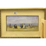 Gilt framed oil painting of Victorian ladies with parasols at the seaside