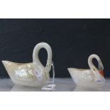 Two Belleek green mark swans (large and small) Circa1970