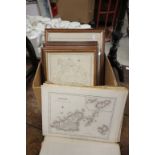 Box of framed & glazed vintage maps and a part Atlas