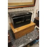 Victorian Pine Small Box with Drawer together with a Tin Cash Box marked Pension Fund