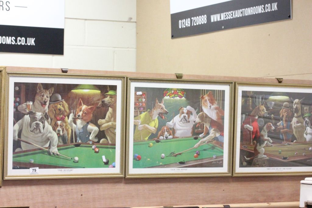 Three framed & glazed Humorous prints of Dogs playing Pool by Arthur Sarnoff