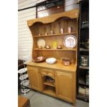 Large Contemporary Oak Dresser with Shelves above Drawer, Two Cupboards and Two Pot Shelves