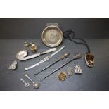 Mixed collectables to include hallmarked Silver locket, silver handled button hooks, costume