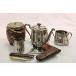 A three piece silver plated Walker and Hall tea set two leather cigar cases, opera glasses etc.